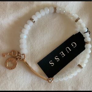 GUESS Heart & Key Charm Bracelet White Beaded NWT